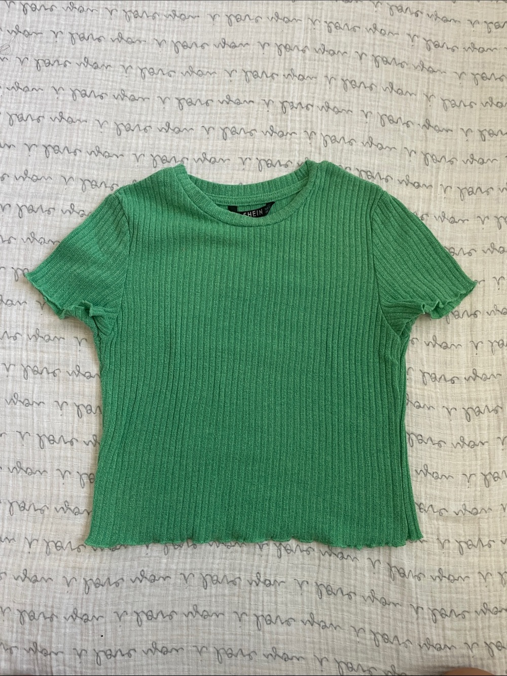 SHEIN Green Ribbed Lettuce-Edge Short Sleeve Tee